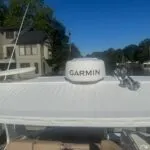 Garmin radar dome and horn mounted on the top of the boat’s canopy.