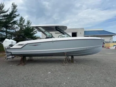 2026 Monterey Elite 30 with Whisper Grey hull and Arctic Ice stripe