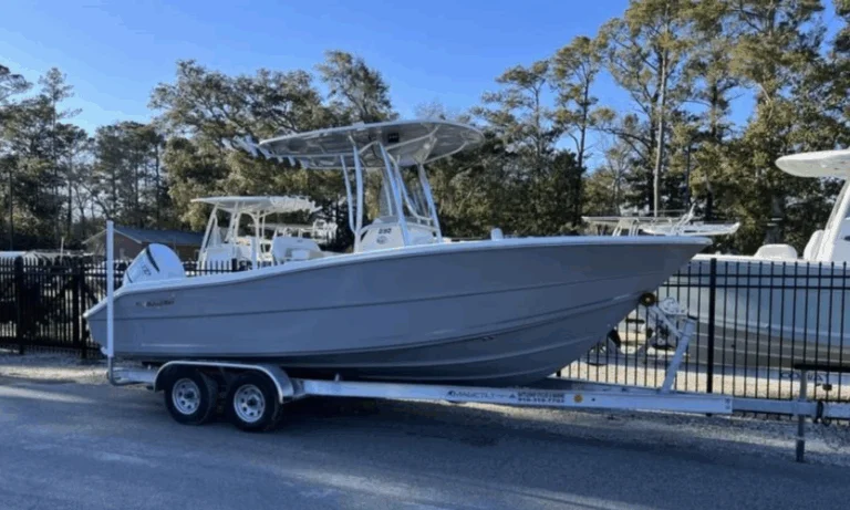 2026 Bulls Bay 230 Center Console with Silver hull, Suzuki 200APXW, hardtop, and Garmin display, for sale at Rhode River Boat Sales in Edgewater, MD.