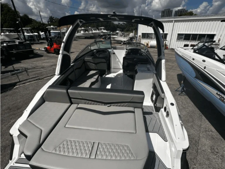 Cockpit seating with Ultra Fabrics slate upholstery and SeaDek inlay