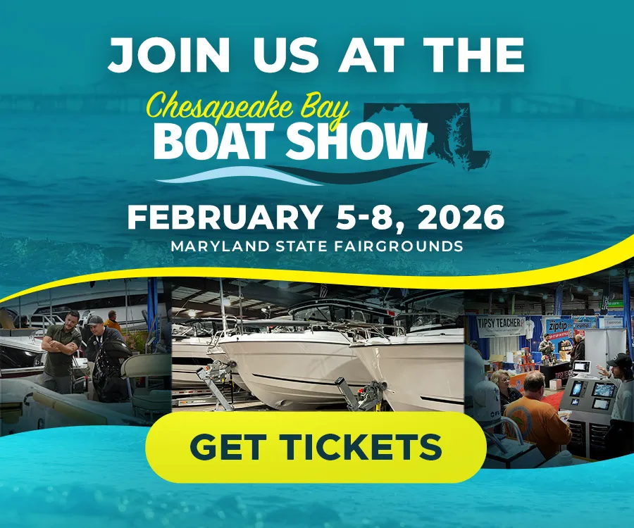 Chesapeake Bay Boat Show 2026 indoor boat display in Timonium MD