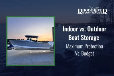 Comparison photo showing a boat in a secure, covered indoor dry-stack facility next to several shrink-wrapped boats stored outdoors at a Maryland boatyard for winter.
