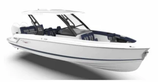 Monterey 30 Elite luxury bowrider with outboard power at marina