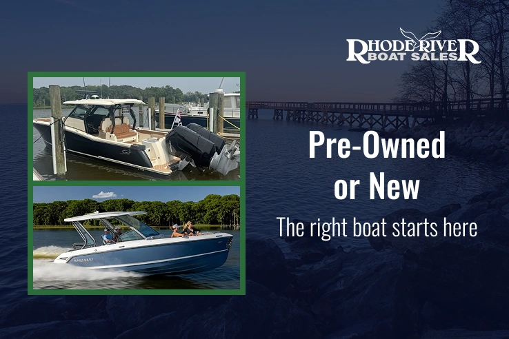 Comparison of pre-owned boats and new boats at a marina in Edgewater